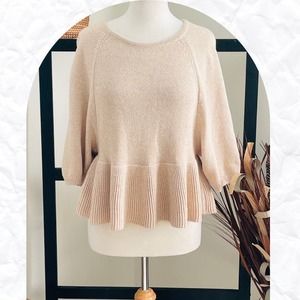 English Factory Ribbed Knit Peplum 3/4 Cap Sleeve Beige Top Size M